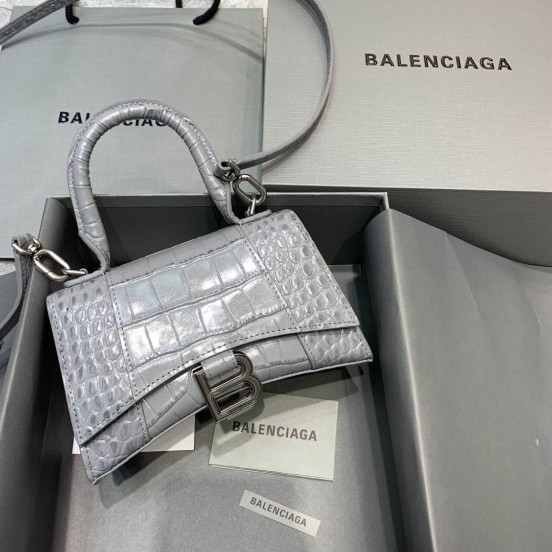 Balenciaga Hourglass Small Handbag Crocodile Embossed Shoulder Bag Gray